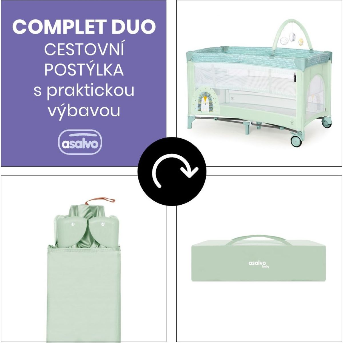 Asalvo COMPLET DUO cestovní postýlka s druhým dnem a hrazdičkou, hedgehog