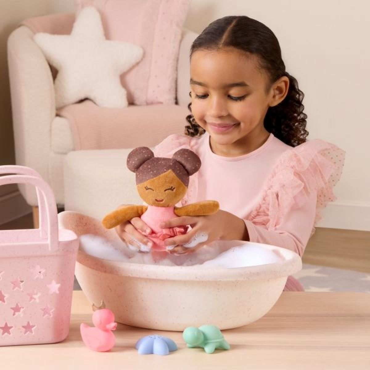 LullaBaby Panenky plyšové do vany v košíku Pink