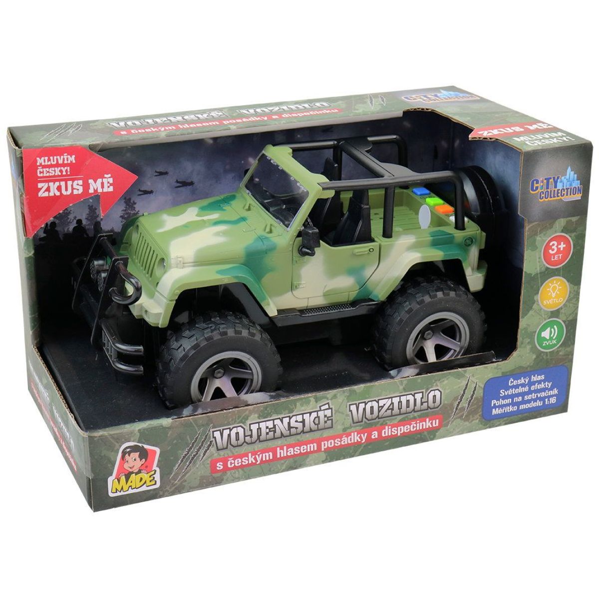 MaDe Jeep vojenský na setrvačník s reálným hlasem posádky 23 cm