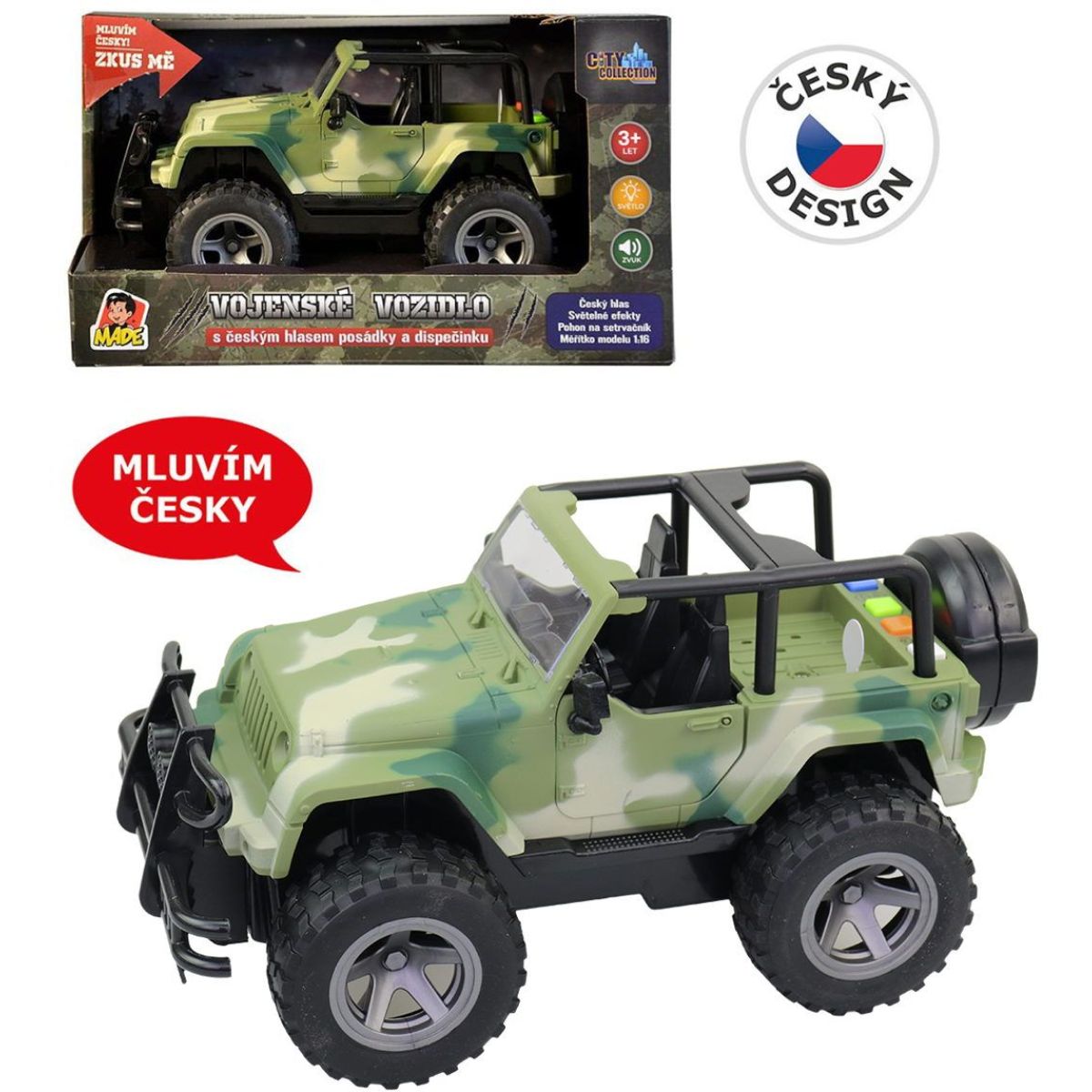MaDe Jeep vojenský na setrvačník s reálným hlasem posádky 23 cm