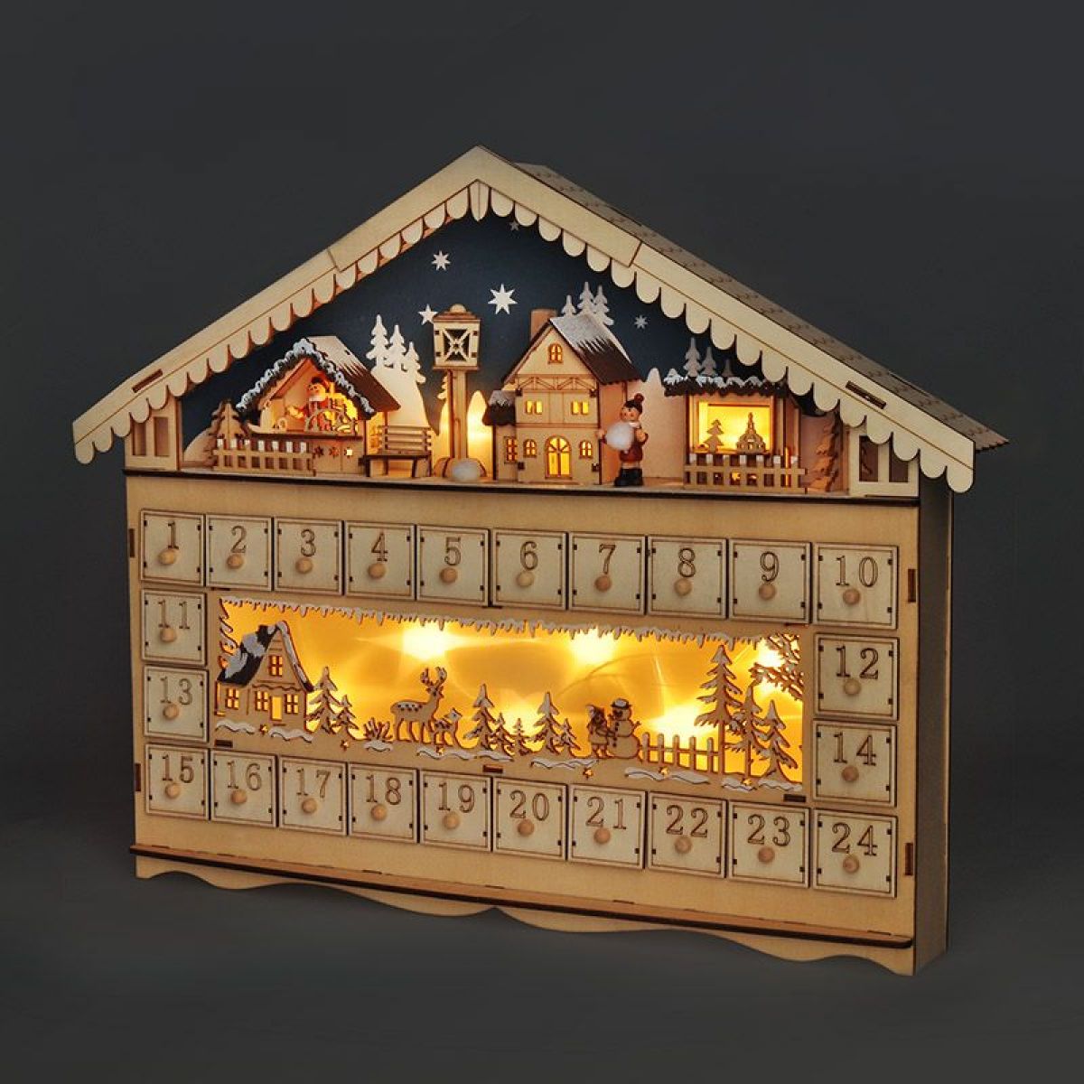 LED adventní kalendář - horská chata, 10 x LED, 50 x 40 cm, 2 x AA