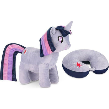 Spokey Sparkle Dětský cestovní polštářek a plyšová hračka 2 v 1 Jednorožec 30 cm