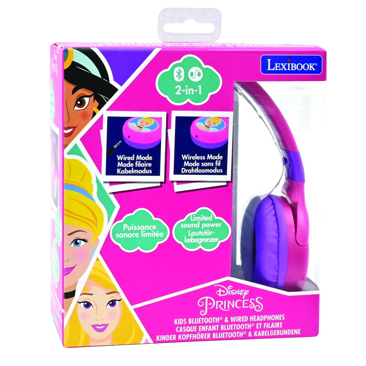Lexibook 2v1 bluetooth skládací sluchátka Disney princezny s limitem hlasitosti