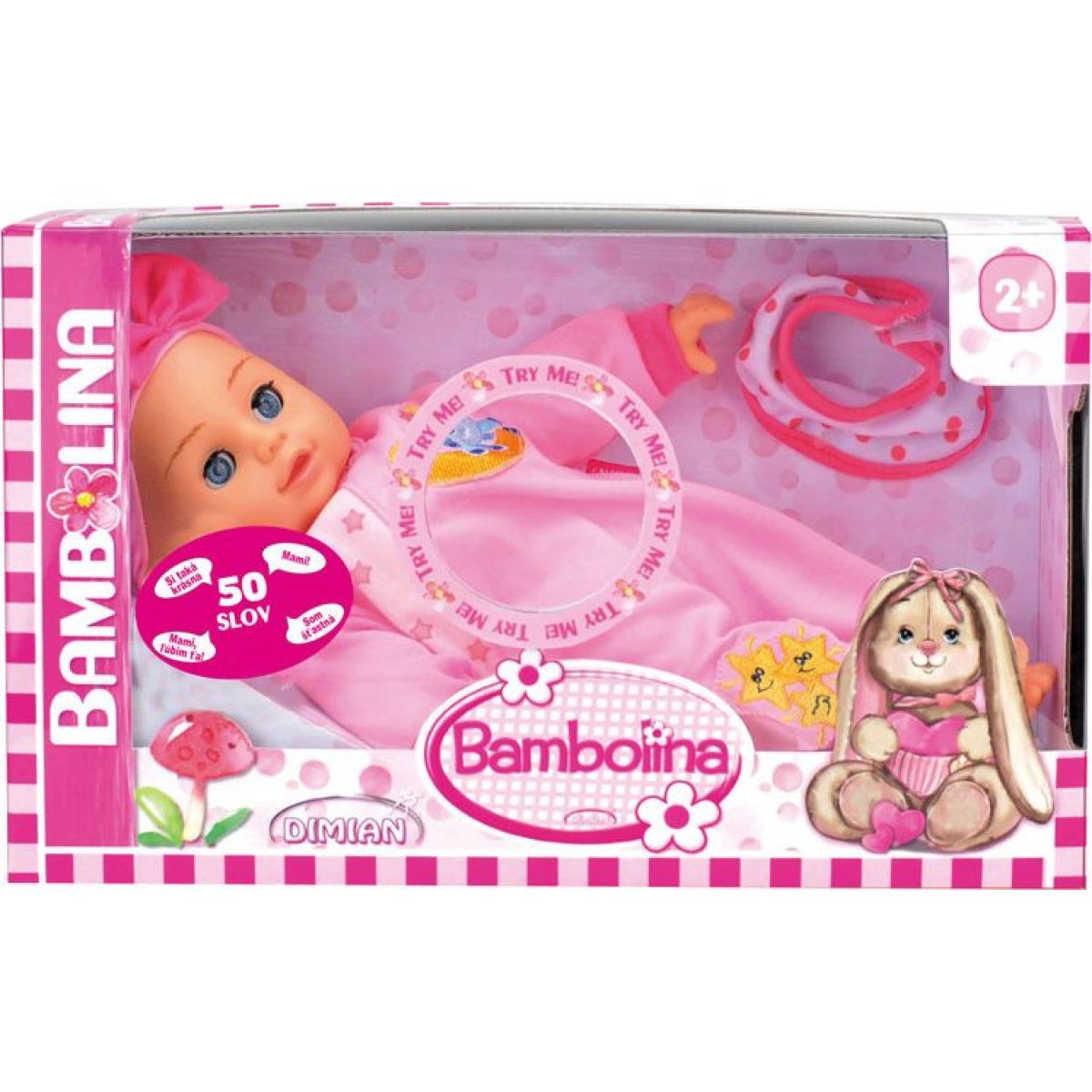 Dimian Panenka Bambolina Bebe 34 cm s 50 českými slovy růžový overal