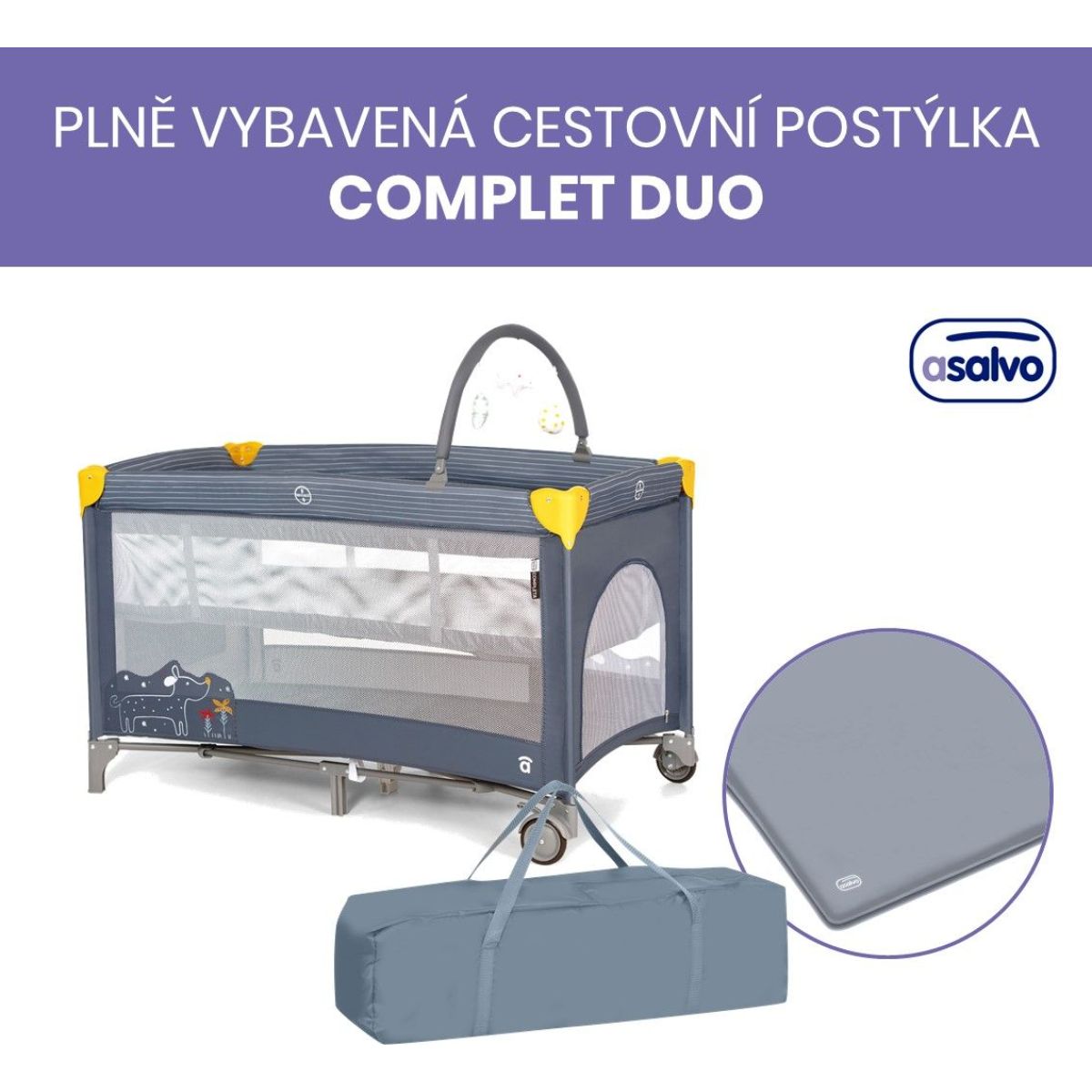 Asalvo COMPLET DUO cestovní postýlka s druhým dnem a hrazdičkou, puppy