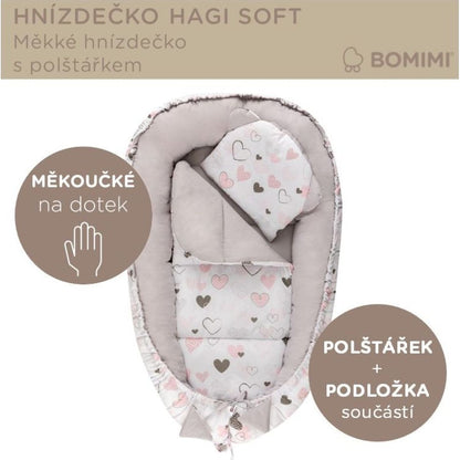 Bomimi Hagi Hnízdečko s polštářkem soft, srdíčka šedá