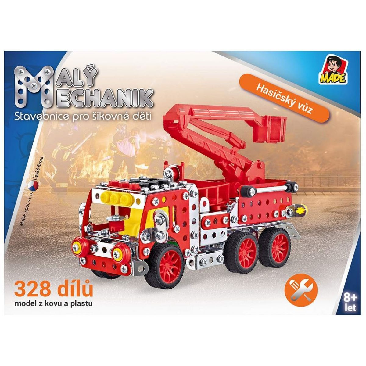 Stavebnice Malý mechanik hasičské auto s plošinou 328 ks