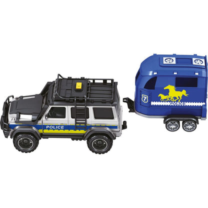 Sparkys CITY SERVICE CAR - 1:14 - Policejní auto s přívěsem a koněm (se zvukem a světly)