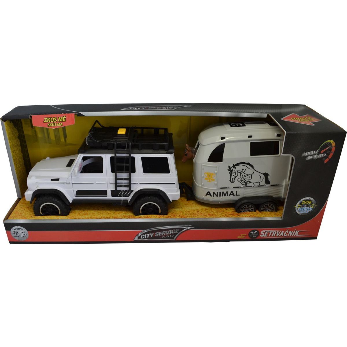 Sparkys CITY SERVICE CAR - 1:14 - Terénní vozidlo s přívěsem a koněm (se zvukem a světly)