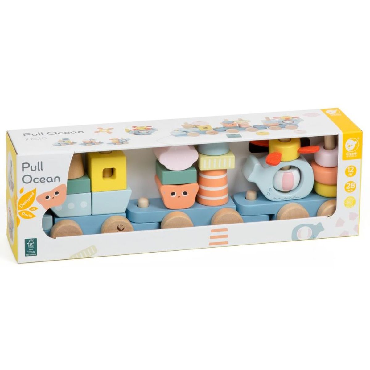 Teddies Vlak + 2 vagóny oceán dřevo tahací stavebnice 28 dílků v krabici 38x12x8cm 12m+