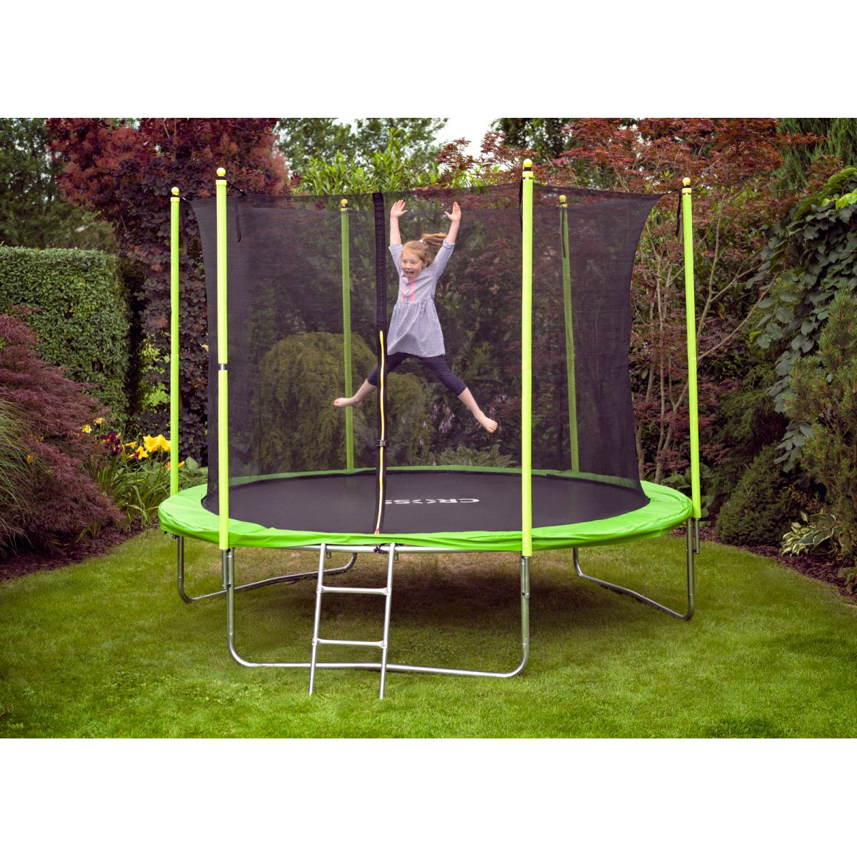 Trampolína CROSS se sítí a žebříkem, zeleno-černá, 306 x 306 x 250 cm