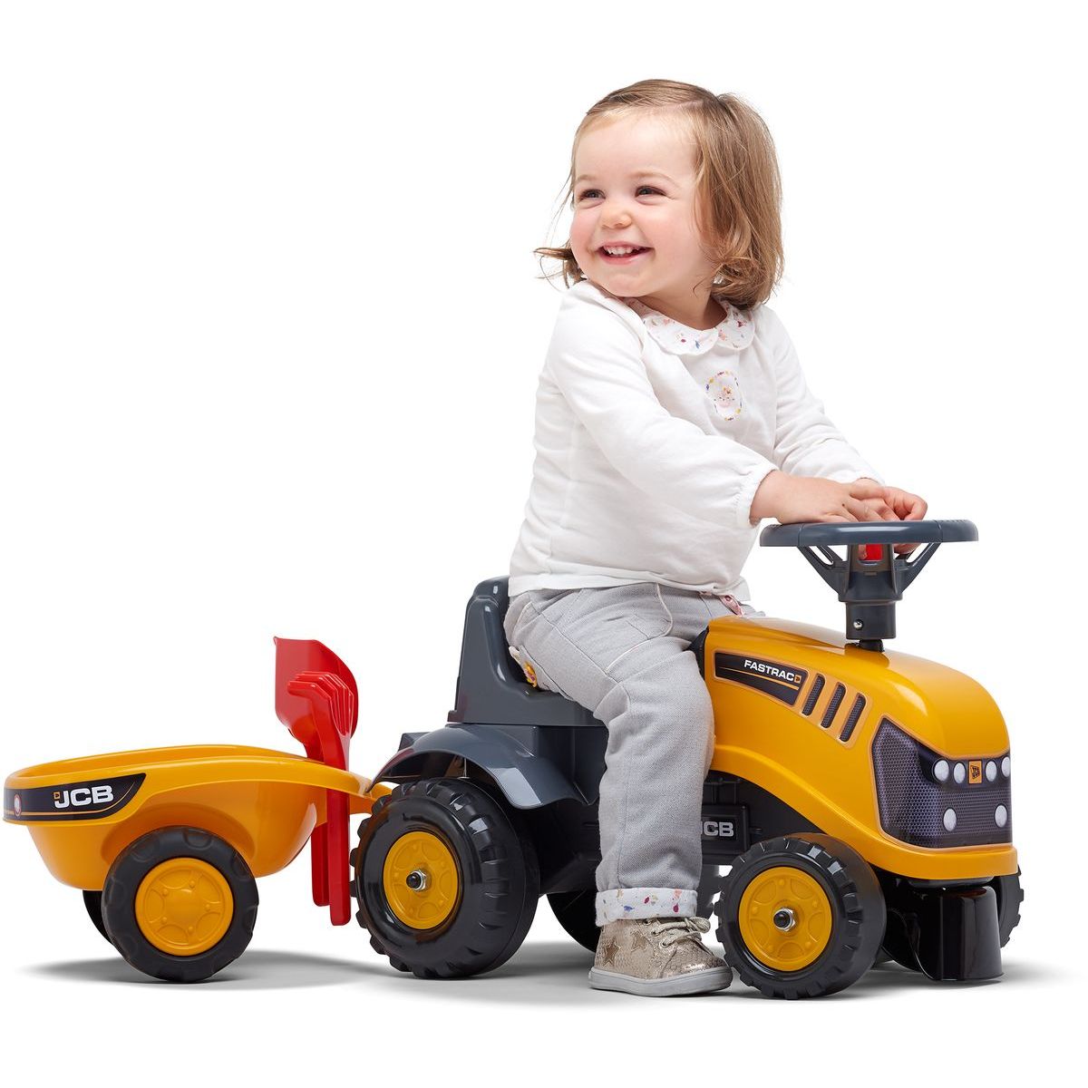 Falk Odstrkovadlo traktor JCB žluté s volantem a valníkem