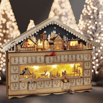 LED adventní kalendář - horská chata, 10 x LED, 50 x 40 cm, 2 x AA