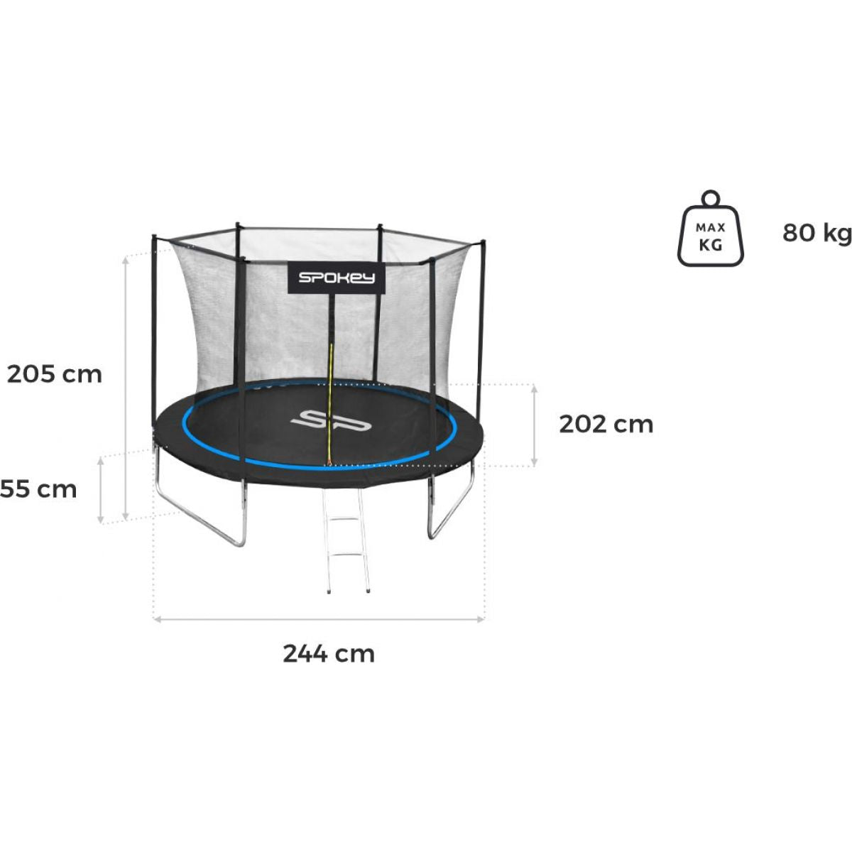 Spokey Jumper Trampolína černo-modrá, průměr 244 cm s ochrannou sítí a žebříkem