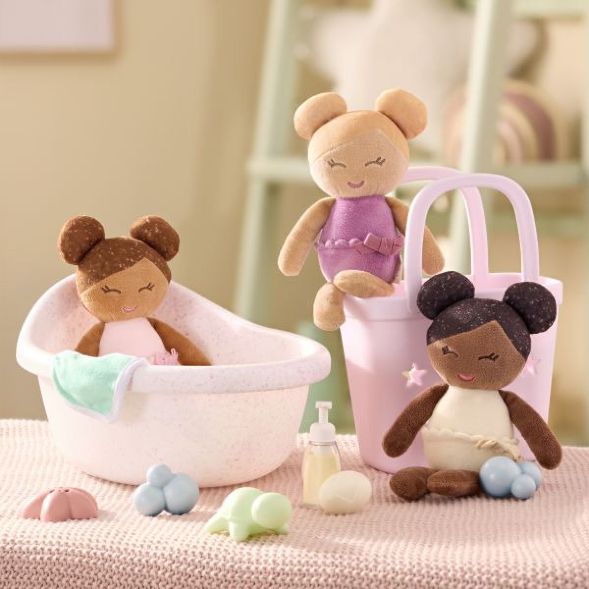 LullaBaby Panenky plyšové do vany v košíku Pink