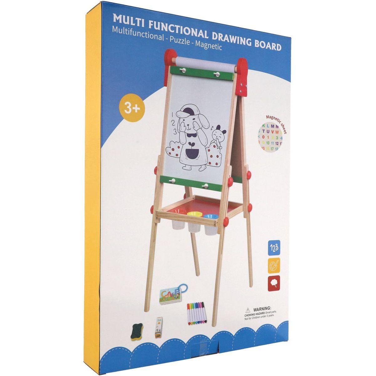 Teddies Tabule oboustranná magnetická dřevo černá-bílá 35x43cm s rolí papíru s doplňky v krabici 40x61cm