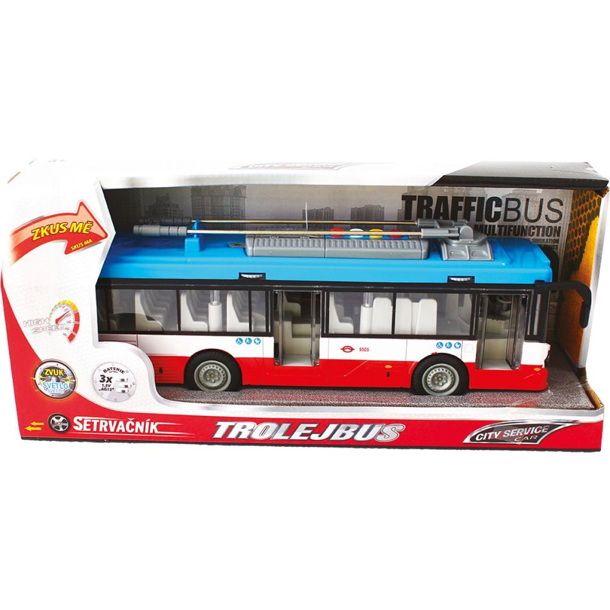 Sparkys Městský trolejbus na setrvačník s osvětlením a zvukem - červený