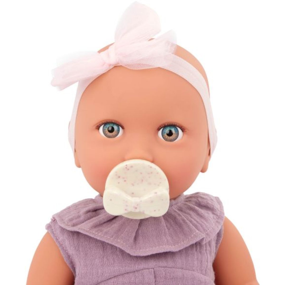 LullaBaby Panenka 35 cm v overalu s čelenkou Lila
