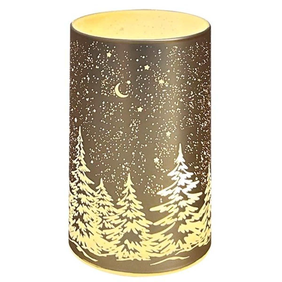 Anděl Přerov Svítící skleněný válec s motivem krajiny zlatý, 12,8 x 7,5 cm, teplá bílá, 10 LED, časovač
