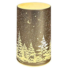 Anděl Přerov Svítící skleněný válec s motivem krajiny zlatý, 12,8 x 7,5 cm, teplá bílá, 10 LED, časovač