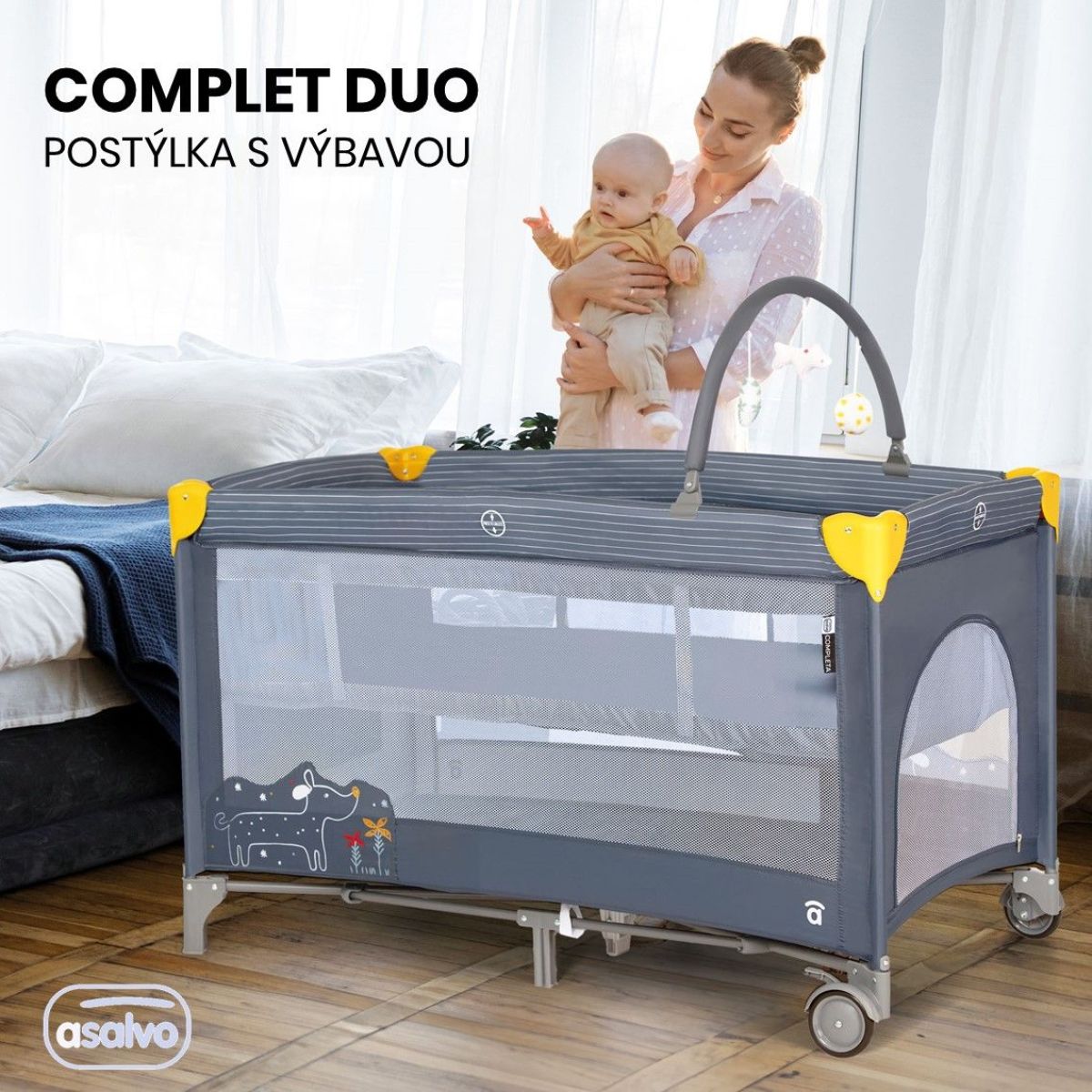 Asalvo COMPLET DUO cestovní postýlka s druhým dnem a hrazdičkou, hedgehog