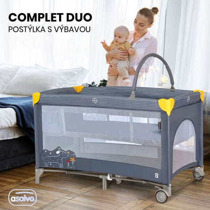 Asalvo COMPLET DUO cestovní postýlka s druhým dnem a hrazdičkou, hedgehog