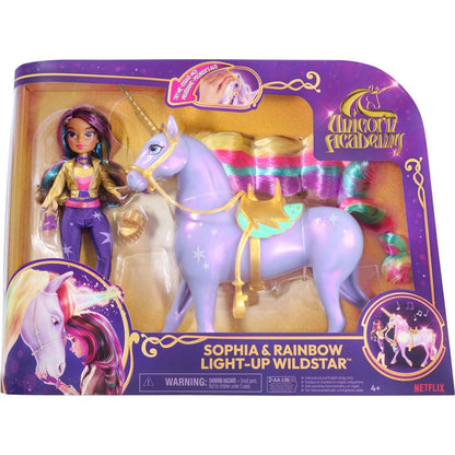 Spin Master Jednorožčí akademie světelný jednorožec Wildstar 28 cm s Panenkou Sophia 24 cm