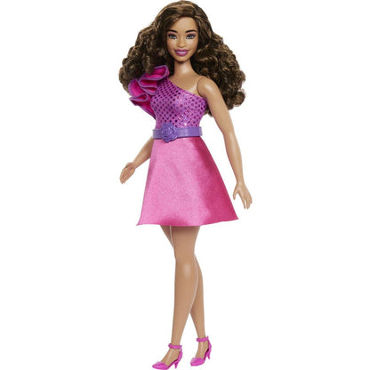 Barbie Modelka - lesklé šaty s volánkem