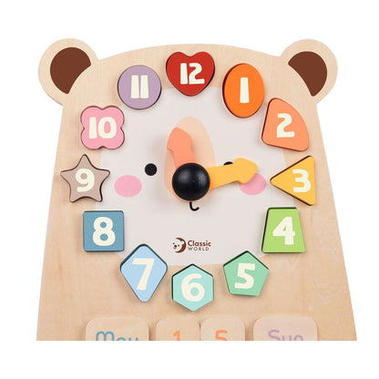 Teddies Hodiny medvěd výukové vkládačka dřevěné v krabici 26x29x5cm 24m+
