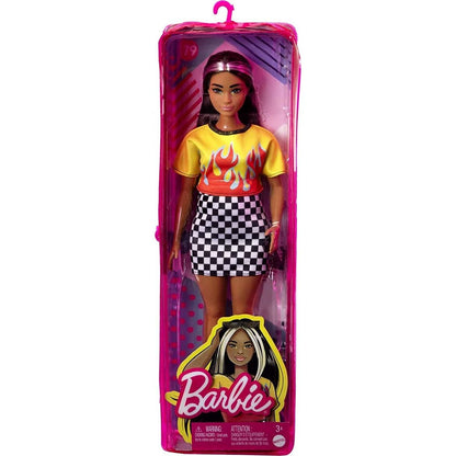 Barbie modelka 30 cm - ohnivé tričko a kostkovaná sukně