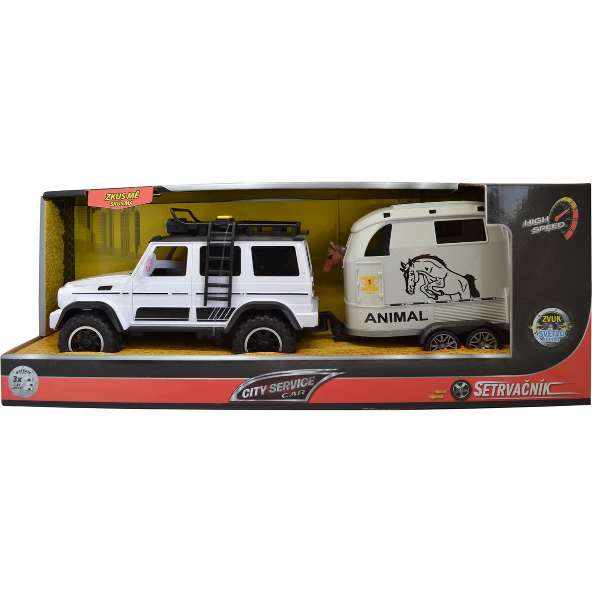 Sparkys CITY SERVICE CAR - 1:14 - Terénní vozidlo s přívěsem a koněm (se zvukem a světly)