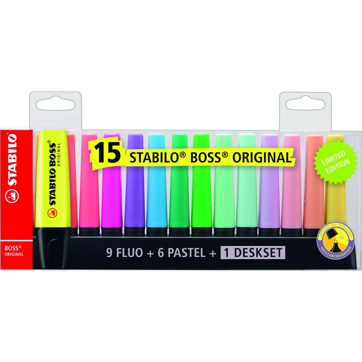 Zvýrazňovač STABILO BOSS ORIGINAL 15 ks deskset, 9 neonových a 6 pastelových barev