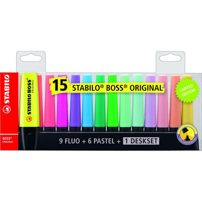 Zvýrazňovač STABILO BOSS ORIGINAL 15 ks deskset, 9 neonových a 6 pastelových barev