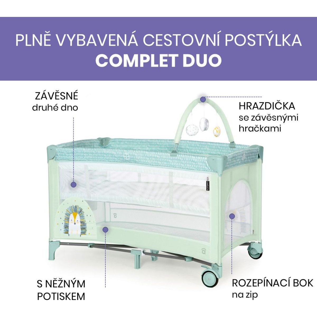 Asalvo COMPLET DUO cestovní postýlka s druhým dnem a hrazdičkou, hedgehog