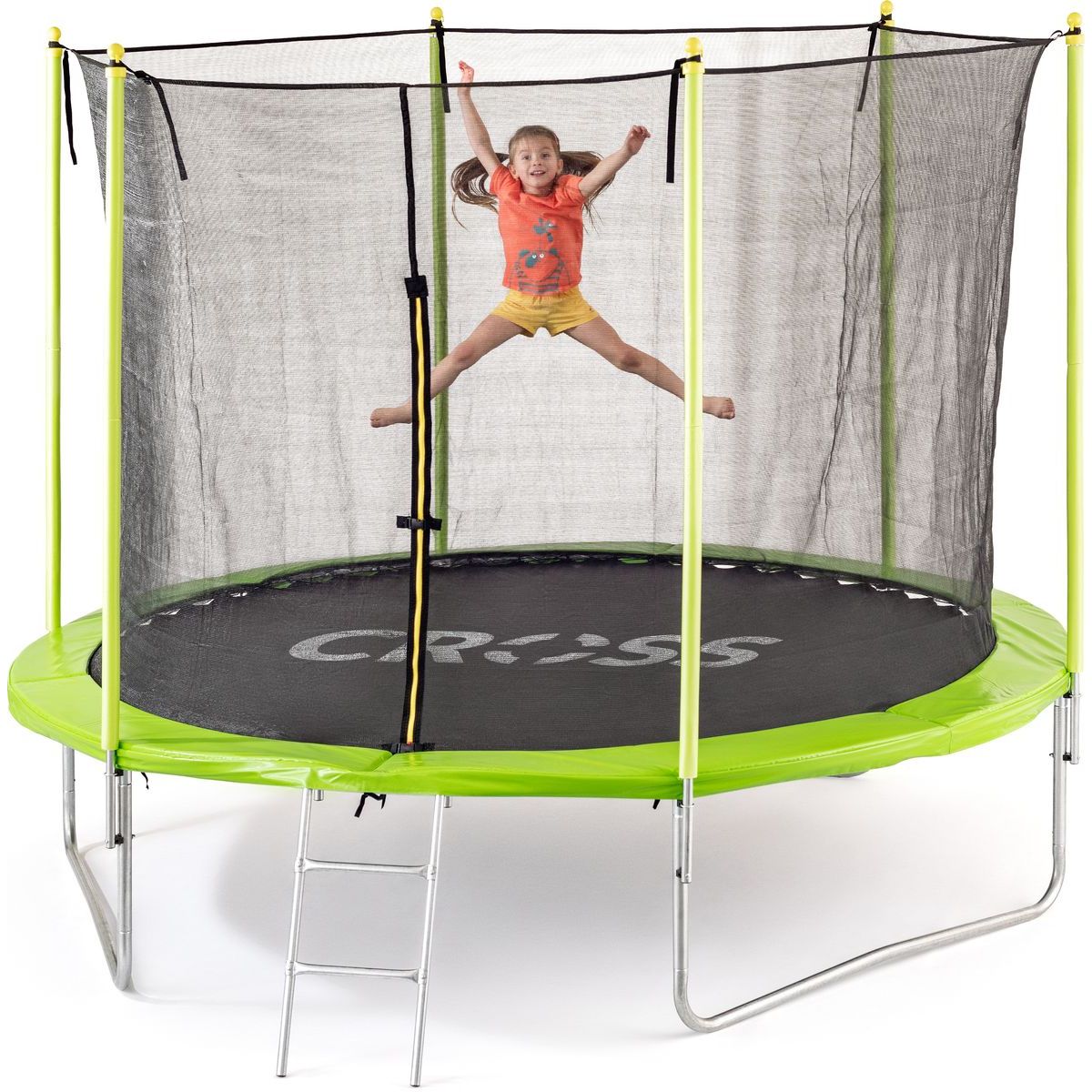 Trampolína CROSS se sítí a žebříkem, zeleno-černá, 306 x 306 x 250 cm