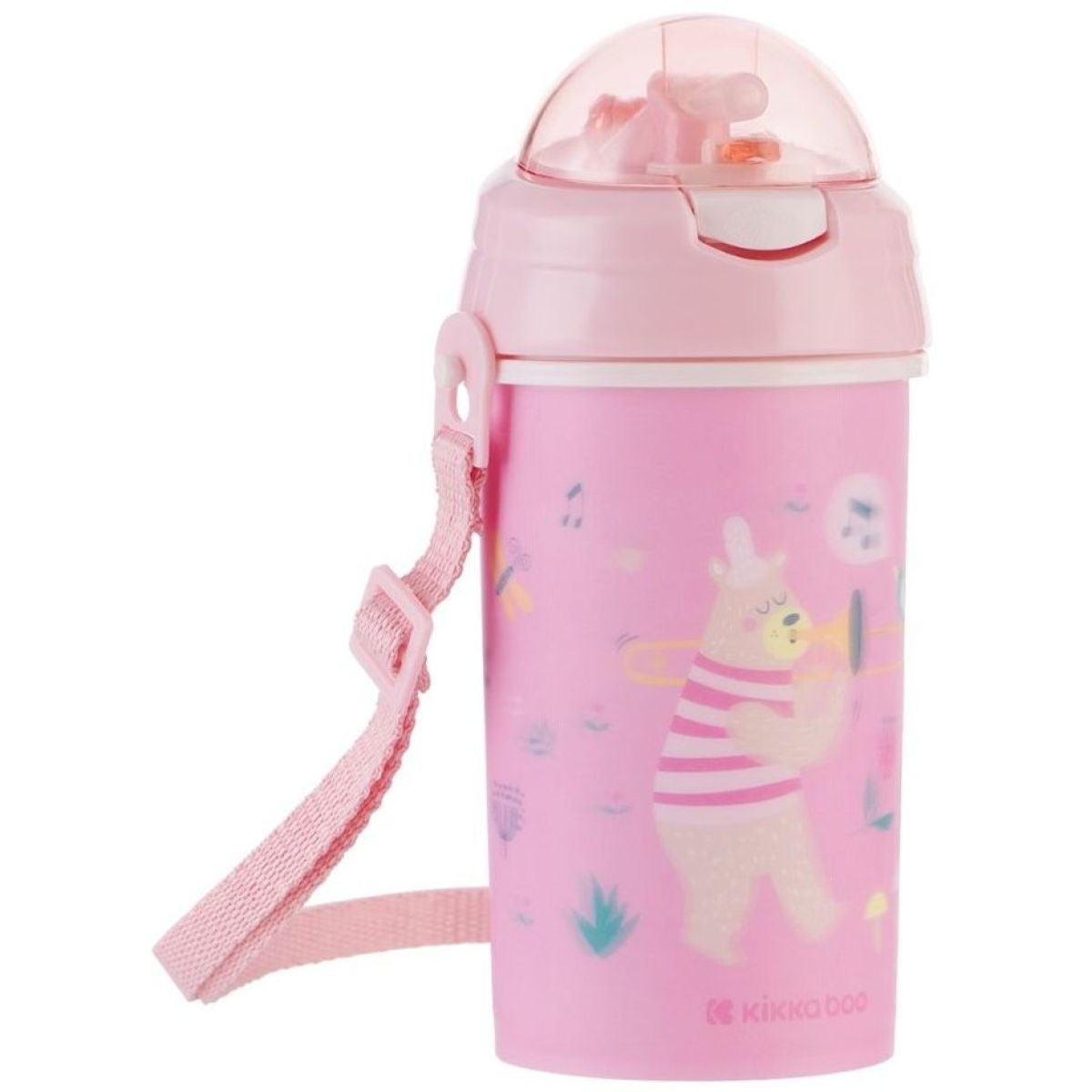 KikkaBoo Hrnek se silikonovým brčkem a popruhem 450ml Music Fest Pink