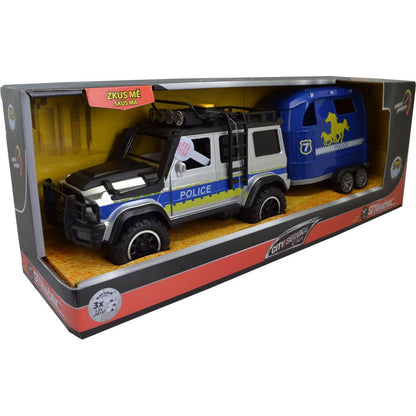 Sparkys CITY SERVICE CAR - 1:14 - Policejní auto s přívěsem a koněm (se zvukem a světly)