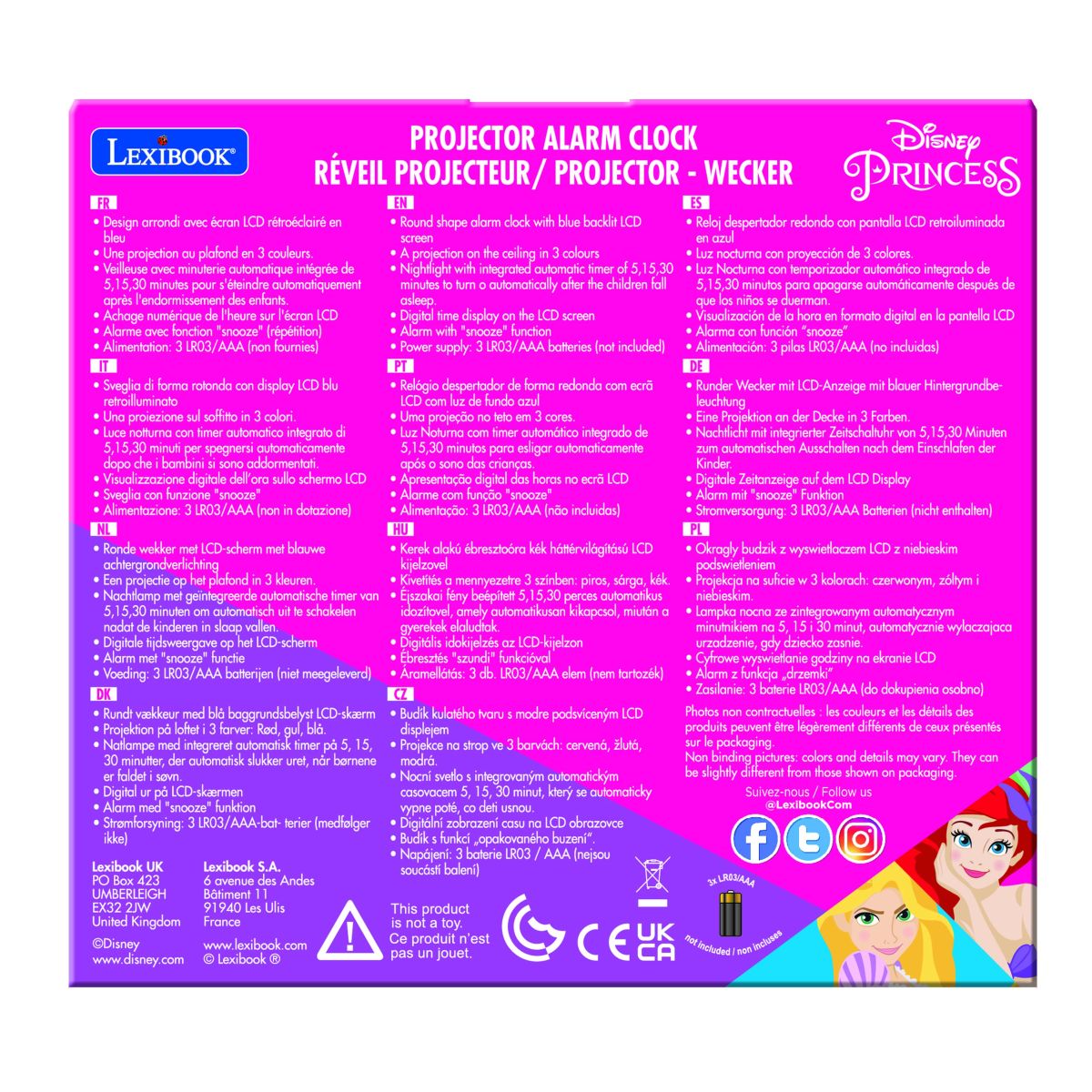 Lexibook Budík Disney princezny se stropním projektorem