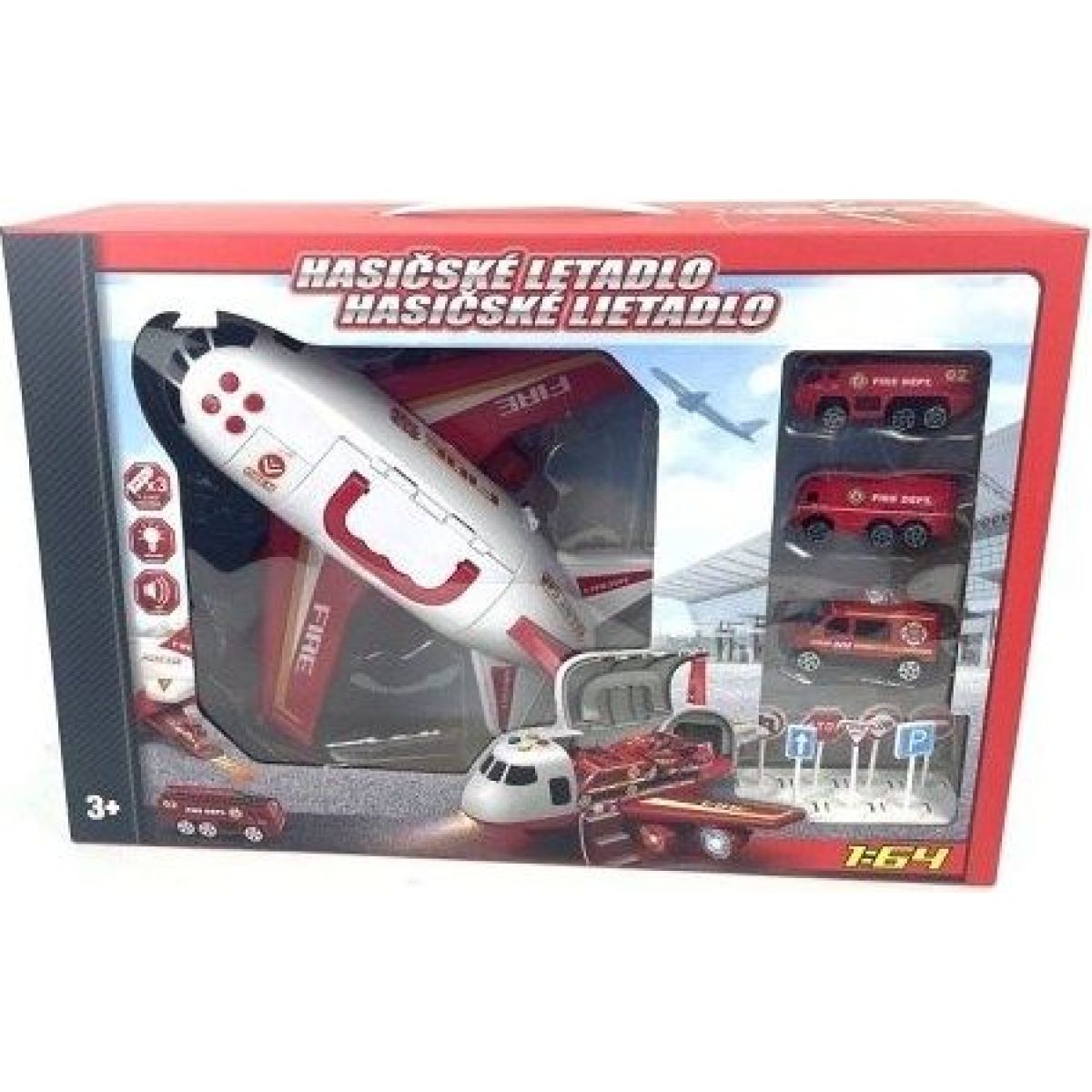 Alltoys Hasičské letadlo s nákladním prostorem  a se 3 autíčky 1 : 64
