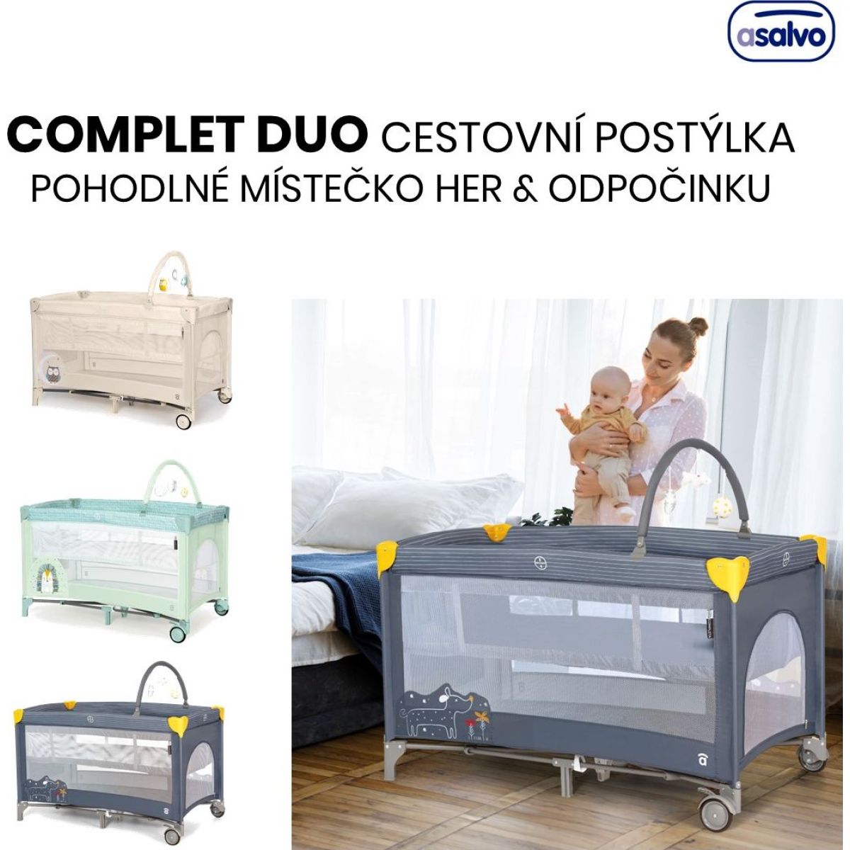 Asalvo COMPLET DUO cestovní postýlka s druhým dnem a hrazdičkou, puppy