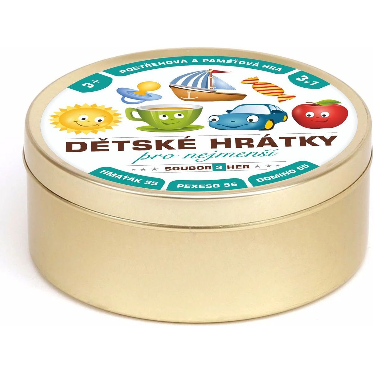 Teddies Dětské hrátky pro nejmenší 3 v 1 Společenské hry v plechové krabičce