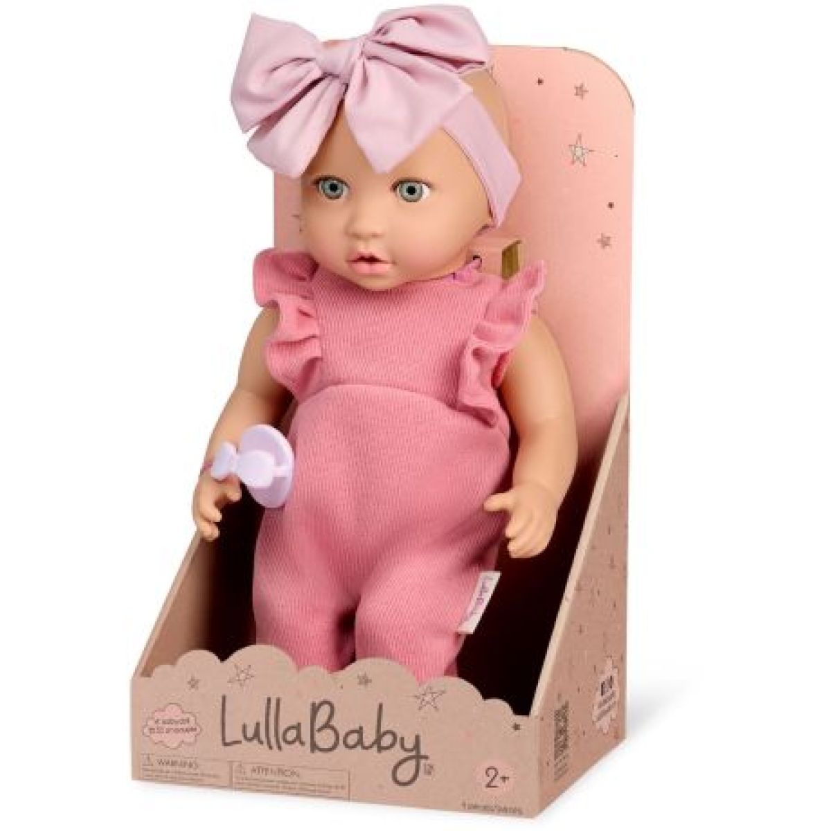 LullaBaby Panenka 35 cm v overalu s čelenkou Pink II