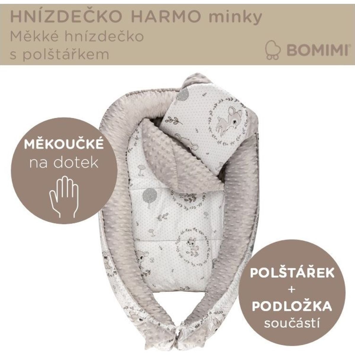 Bomimi Harmo Hnízdečko s polštářkem minky, koloušek šedá