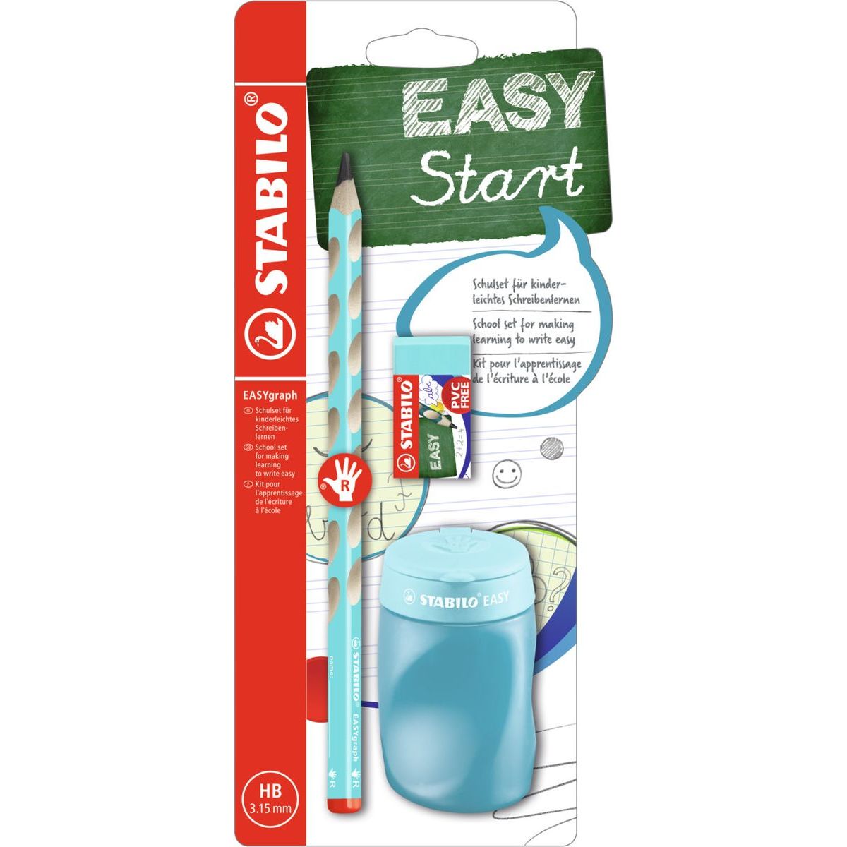 Školní set pro praváky STABILO EASYgraph modrý s gumou a s ořezávátkem