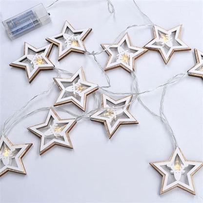 LED vánoční řetěz hvězdy, 10 x LED, dřevo, 1,5 m, 2 x AA