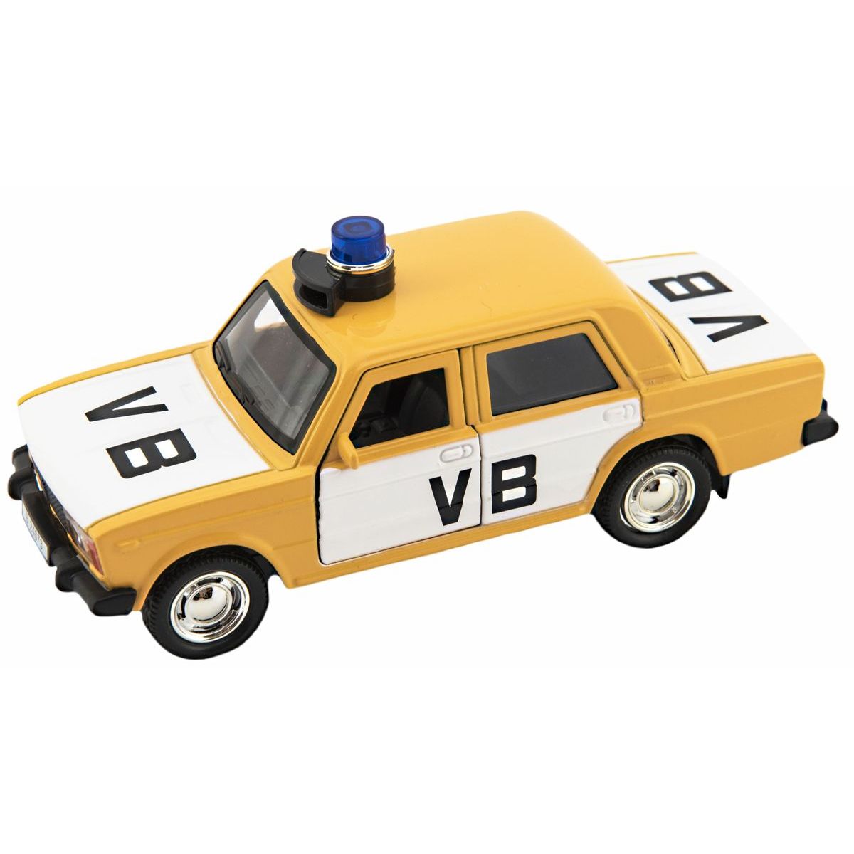 Policejní auto VB kov-plast 11,5 cm na zpětné natažení na baterie se zvukem v krabičce 15 x 7 x 7cm