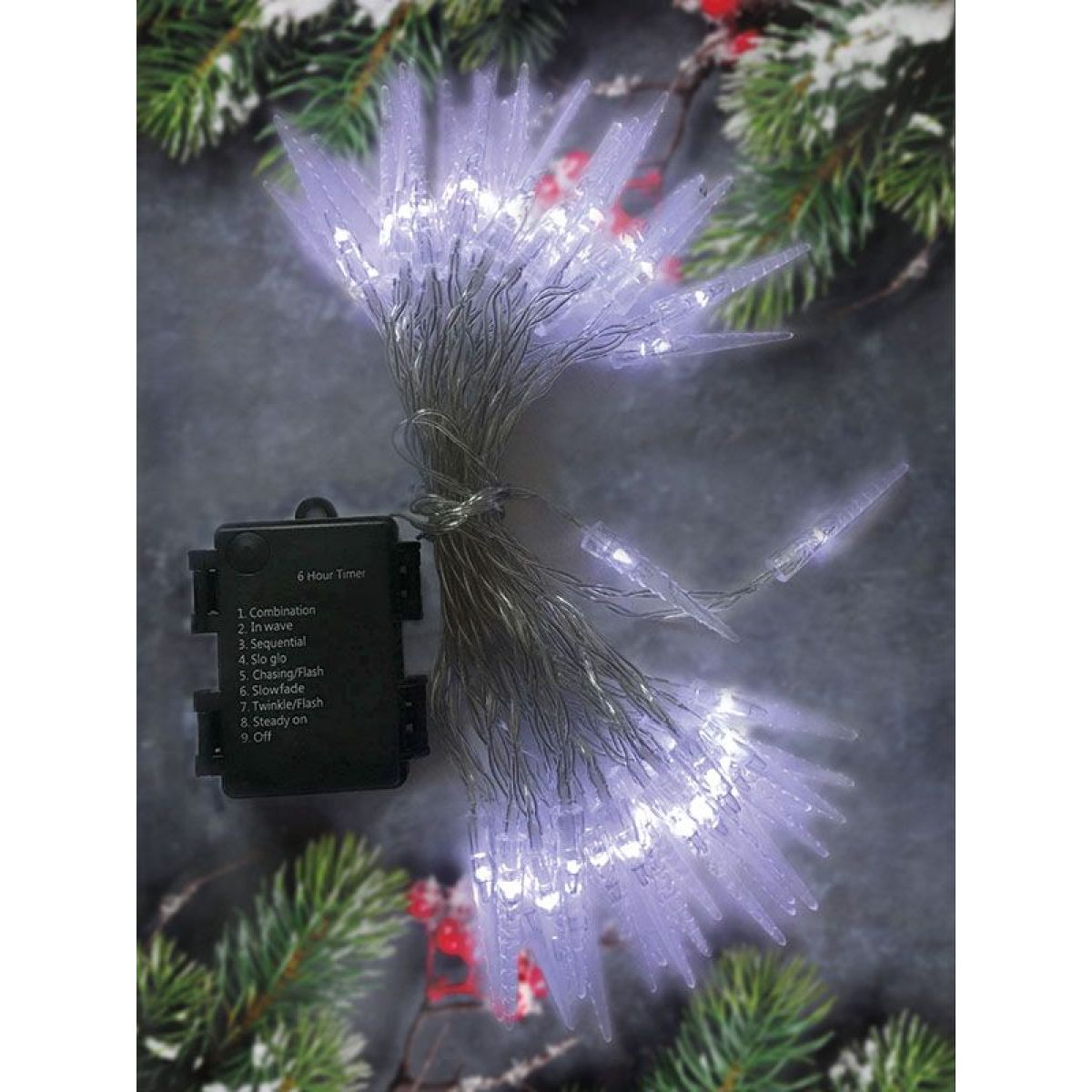 LED venkovní rampouchy, 50 LED, časovač, 8 funkcí, IP44, 3 x AA baterie