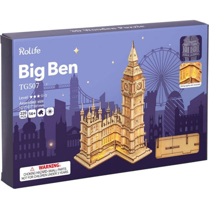 RoboTime dřevěné 3D puzzle hodinová věž Big Ben svítící