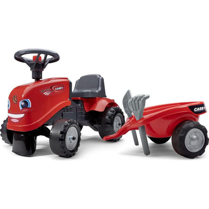 Falk Odstrkovadlo traktor Baby Case IH červený s vlečkou, lopatkou a hrabičkami