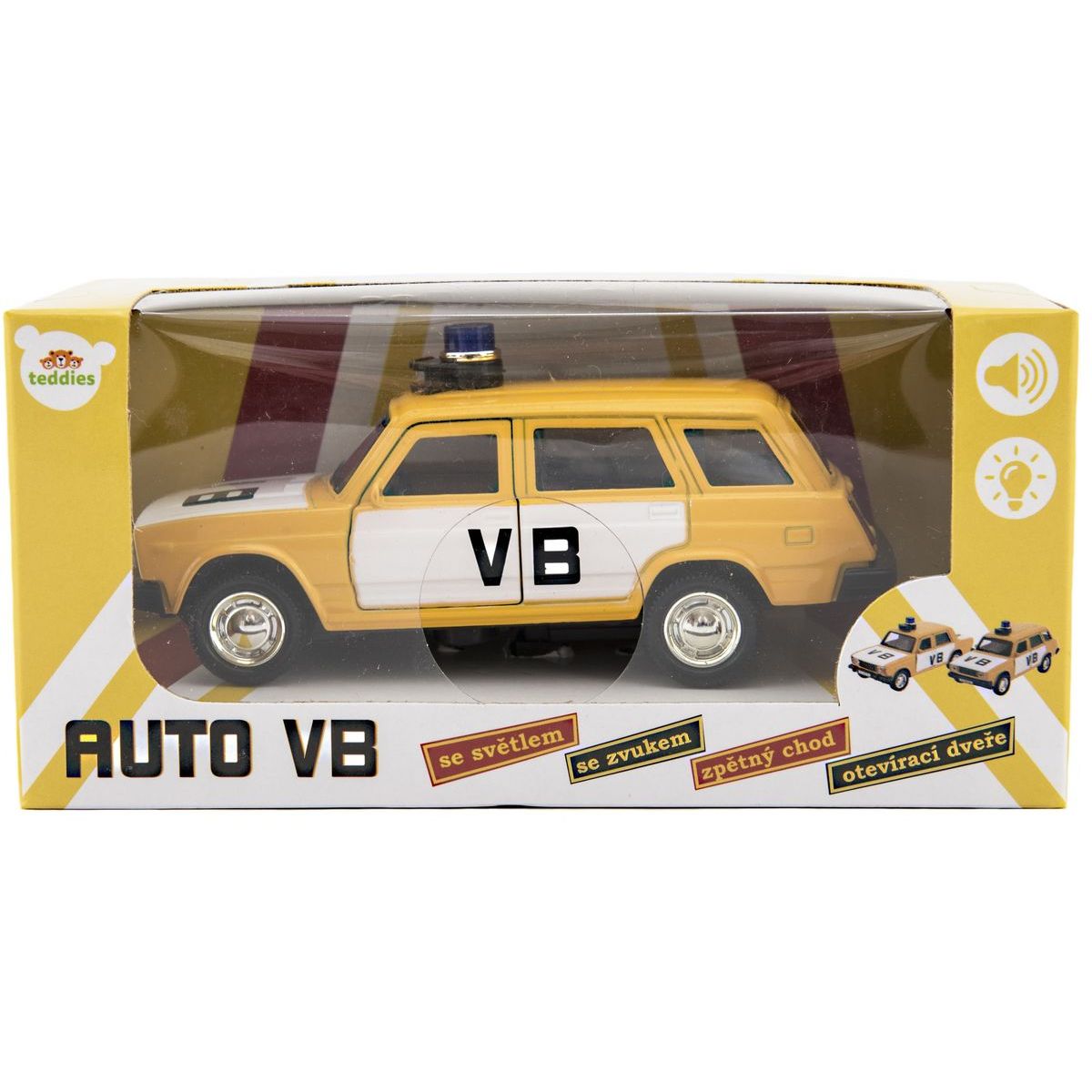 Policejní auto VB combi kov-plast 11,5 cm na zpětné natažení na baterie se zvukem v krabičce 15 x 7x 7 cm